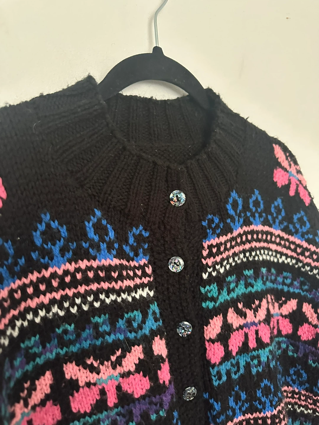 Vintage Homemade Black Knit Cardigan Fair Isle Design - photo 3