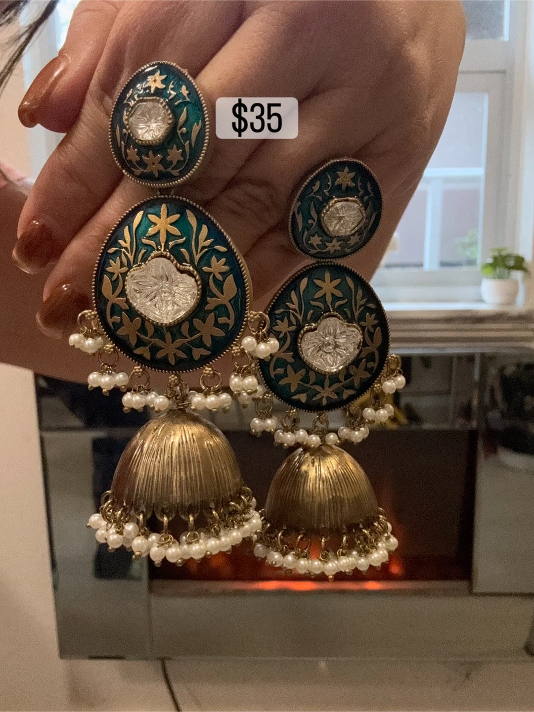 Teal & Gold Jhumka Earrings - $35