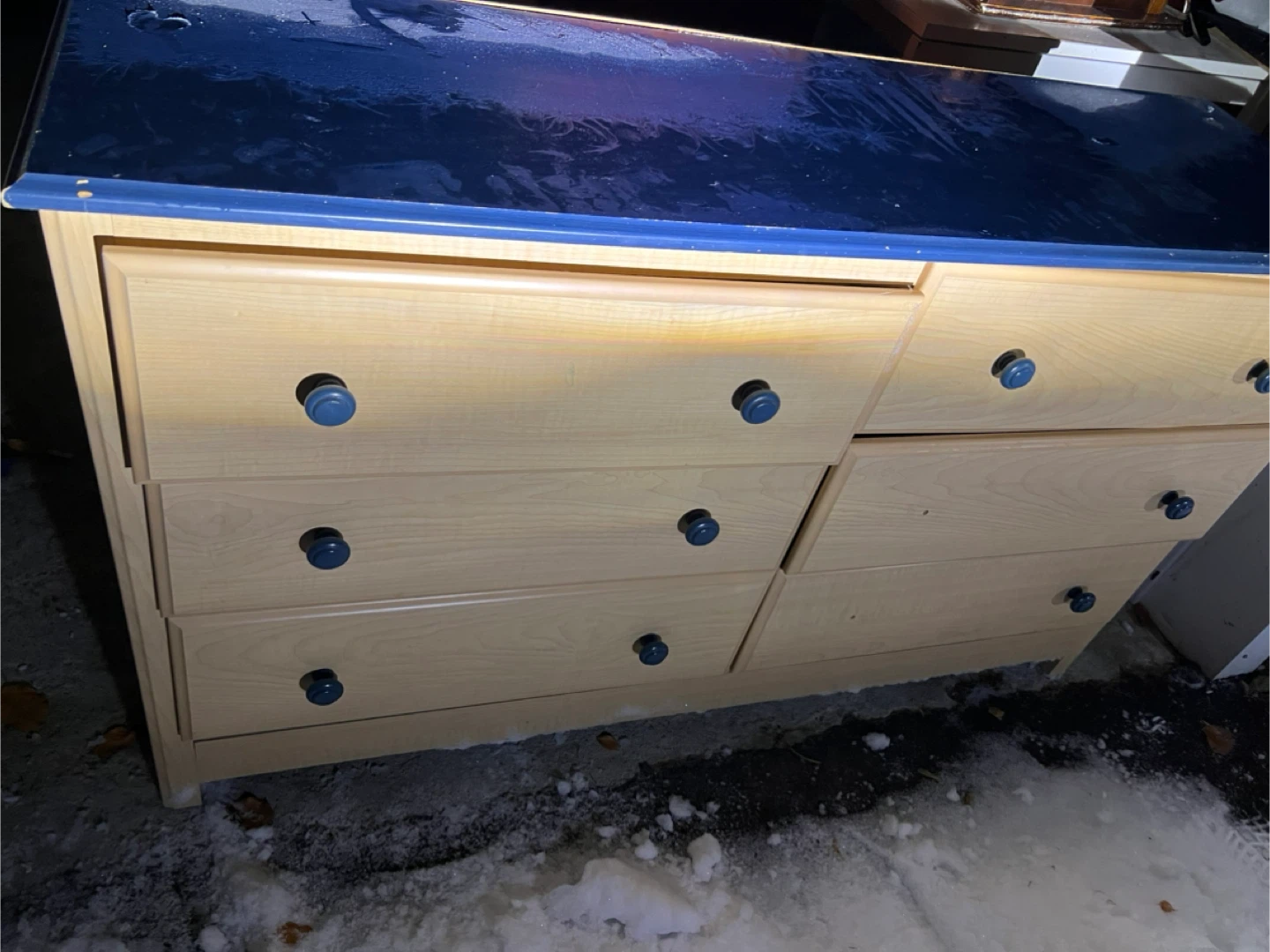 Blue & Light Wood Dresser with 6 Drawers