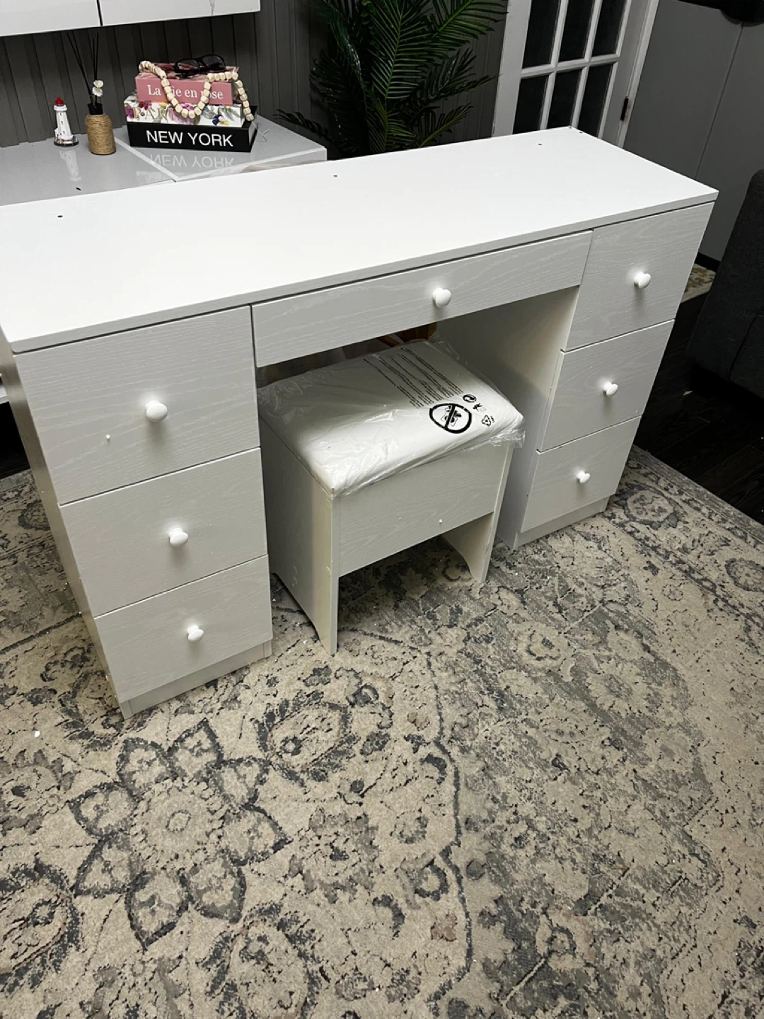 White Vanity Desk with Stool