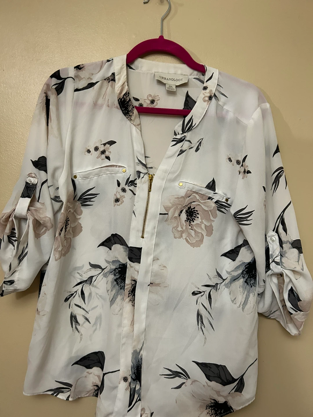 White Floral Pattern Blouse with Gold Zipper