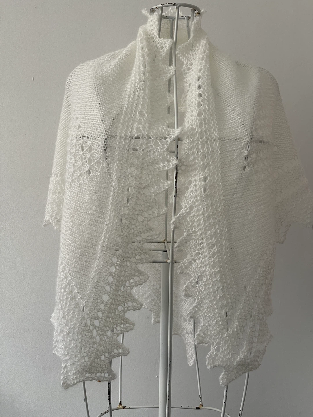 Hand-Knitted White Shawl - Approx. 48" Long