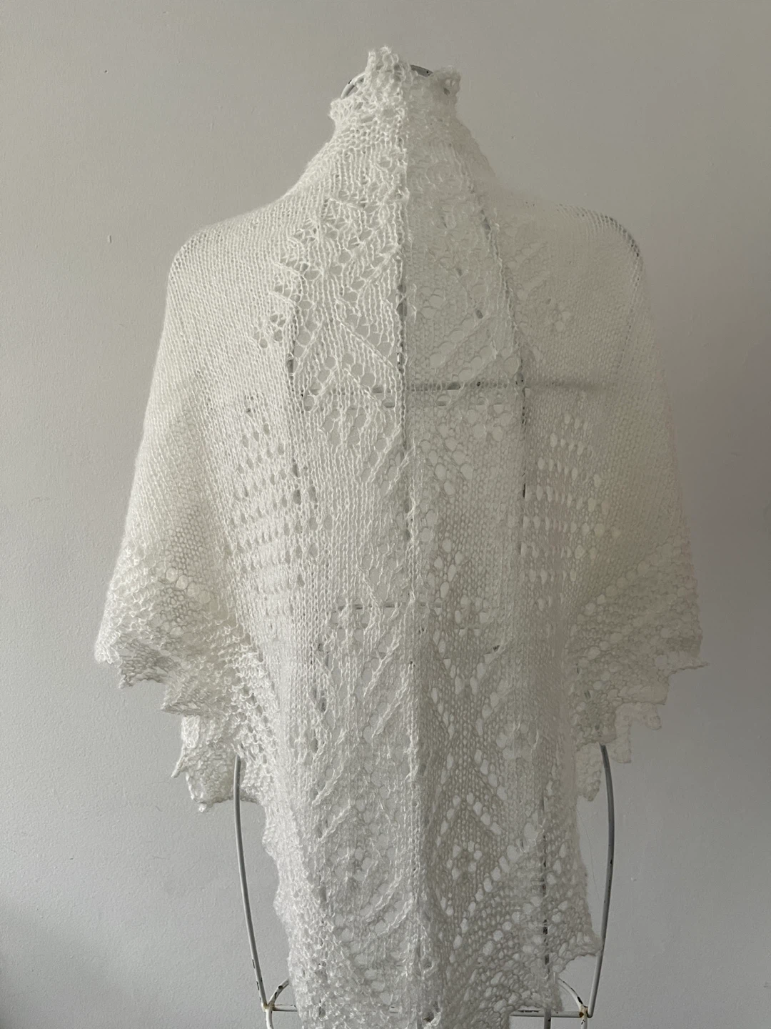 Hand-Knitted White Shawl - Approx. 48" Long - photo 2