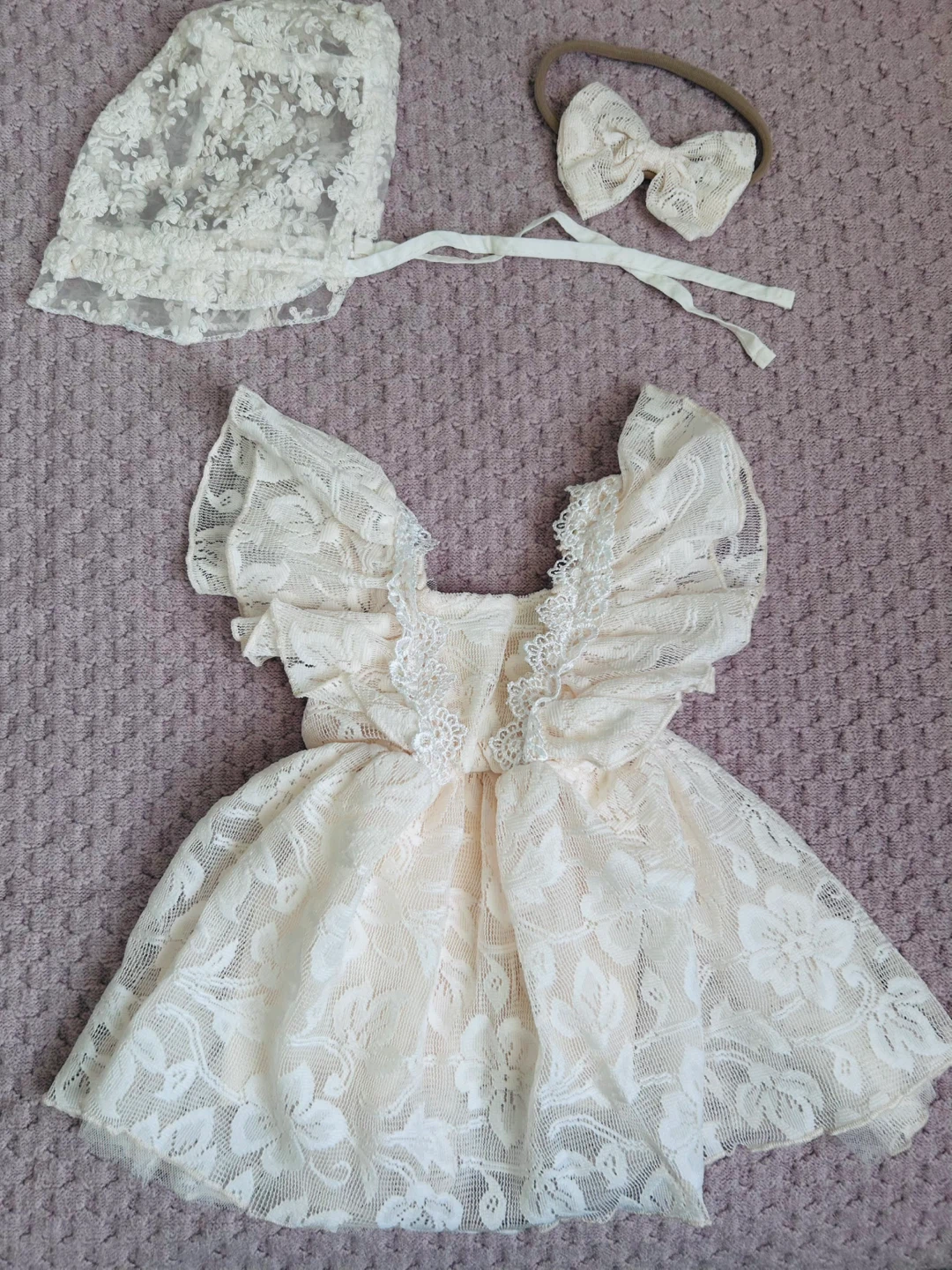 Lace Baby Dress with Bonnet & Headband