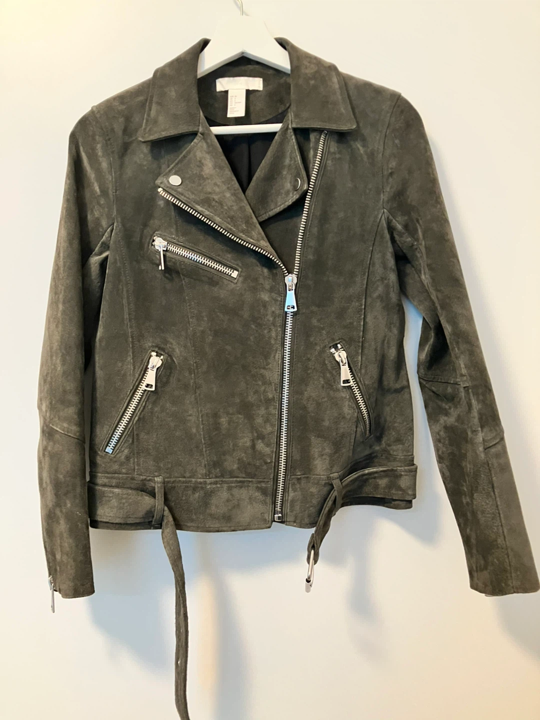 H&M Olive Green Suede Biker Jacket - Size 6