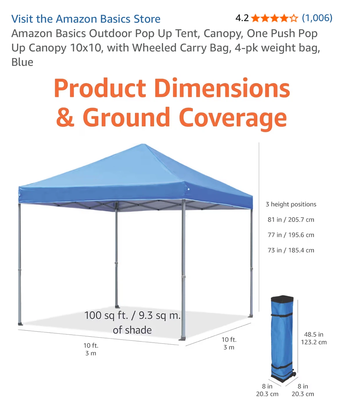 Amazon Basics Blue Outdoor Pop Up Canopy 10x10 - NEW