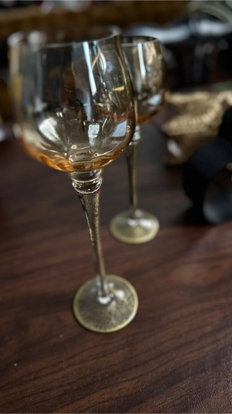 Amber Optic Glass Votives with Gold Fleck Stems