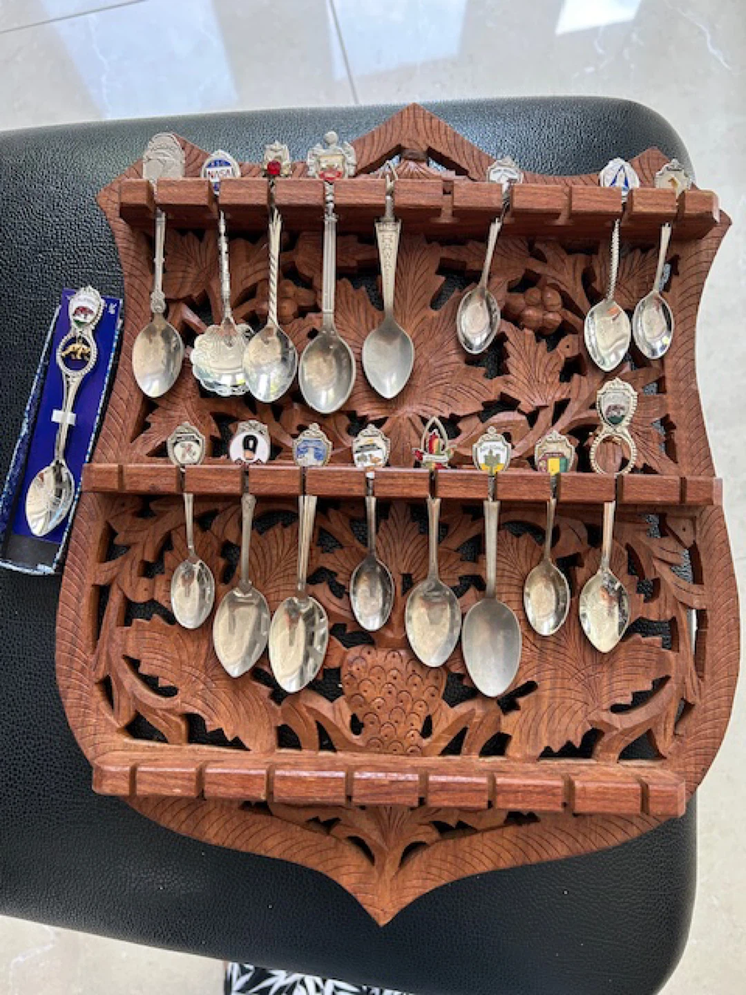 Souvenir Spoon Collection with Wooden Display Rack