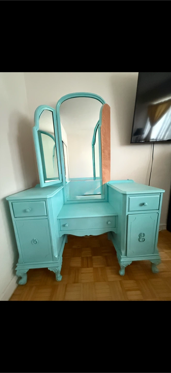 Vintage Vanity Desk with Mirror, Light Blue - photo 3