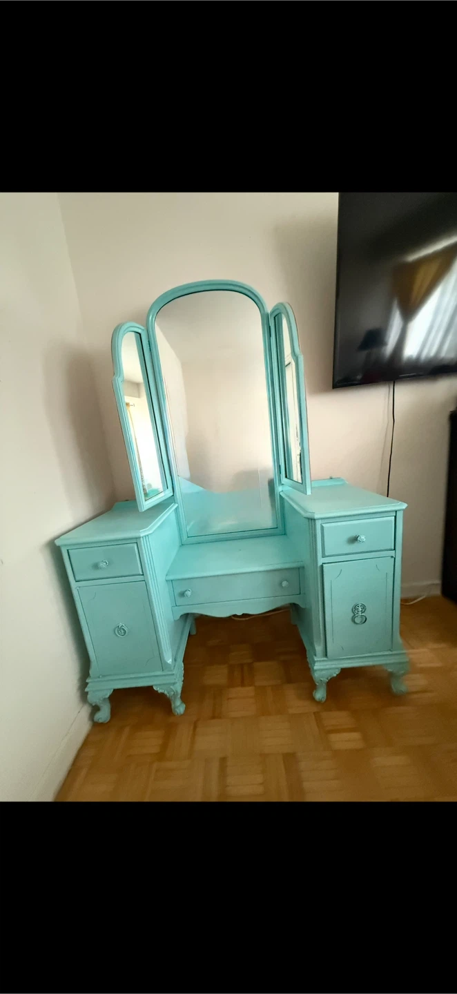Vintage Vanity Desk with Mirror, Light Blue - photo 2
