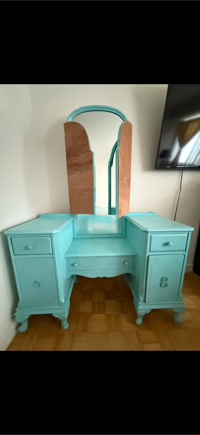 Vintage Vanity Desk with Mirror, Light Blue - photo 4