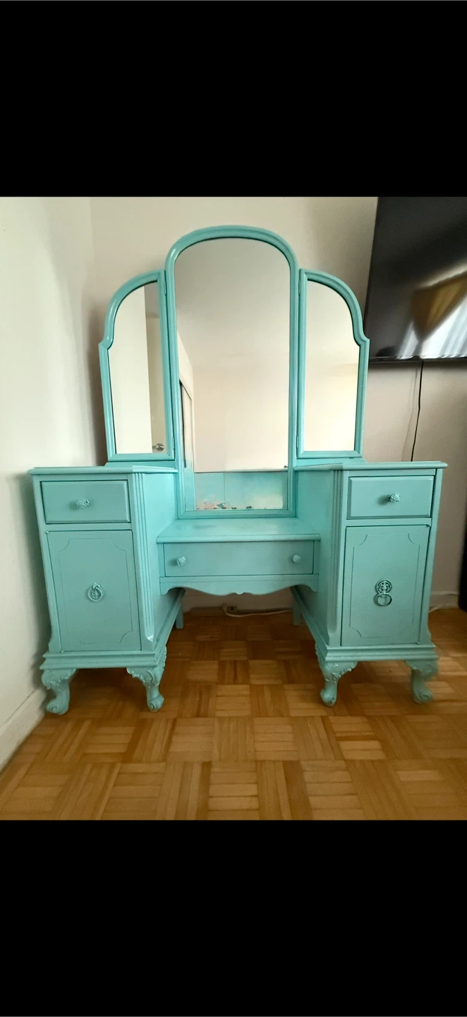 Vintage Vanity Desk with Mirror, Light Blue