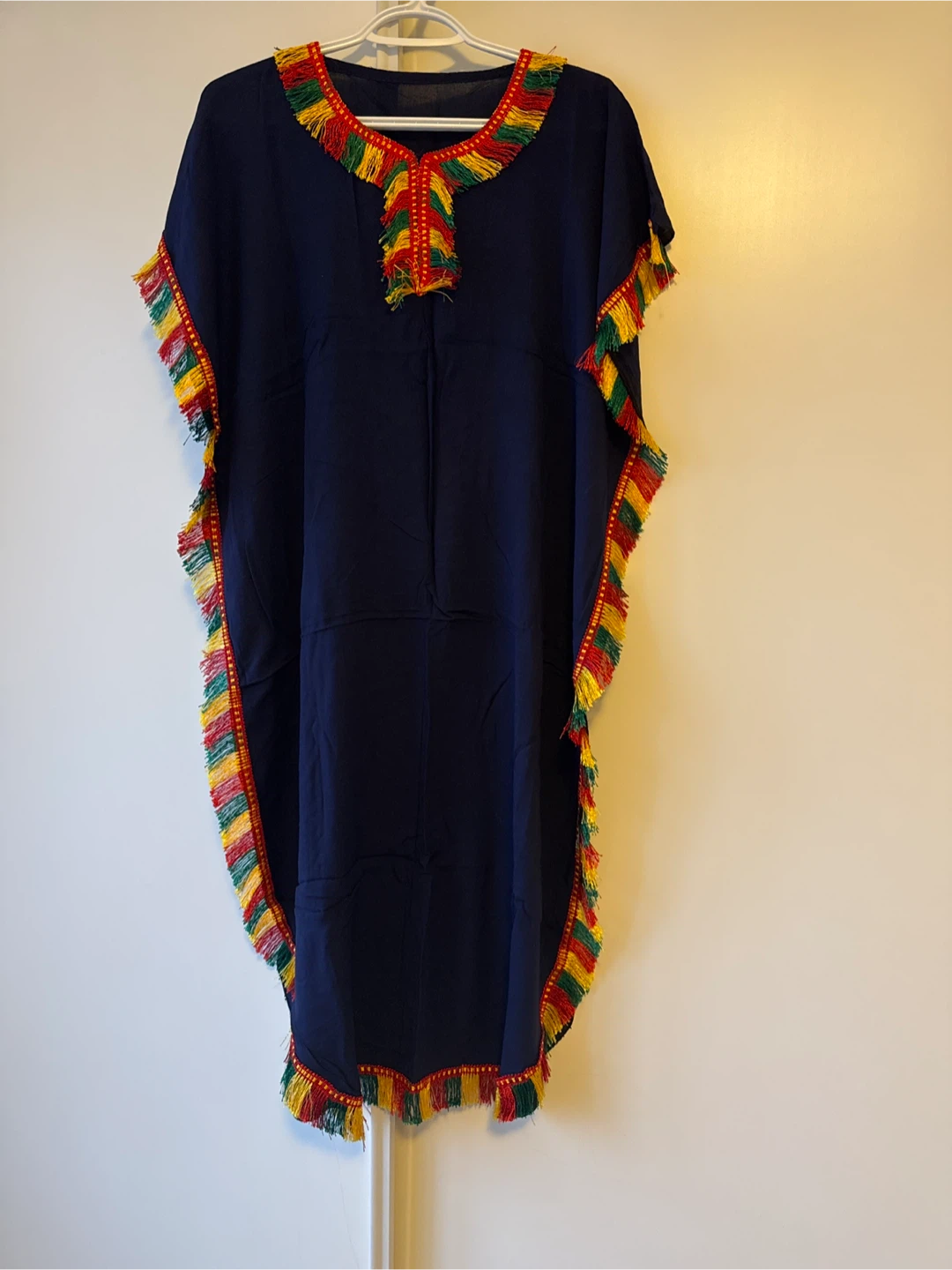 Navy Blue Kaftan Dress with Colorful Trim