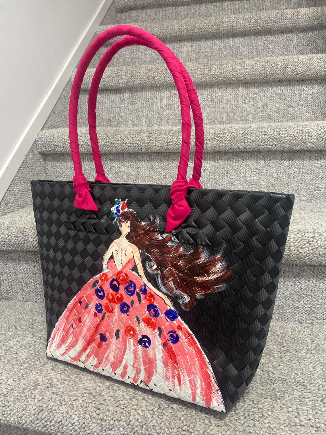 Handwoven Black Tote Bag with Custom Painting