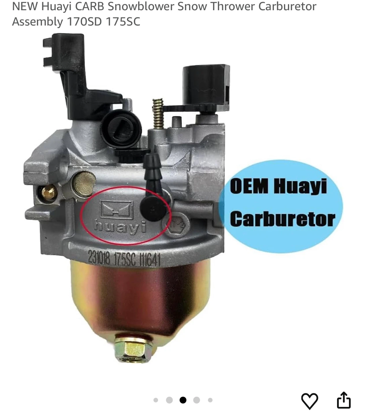Huayi CARB Snowblower Carburetor 170SD 175SC - photo 3