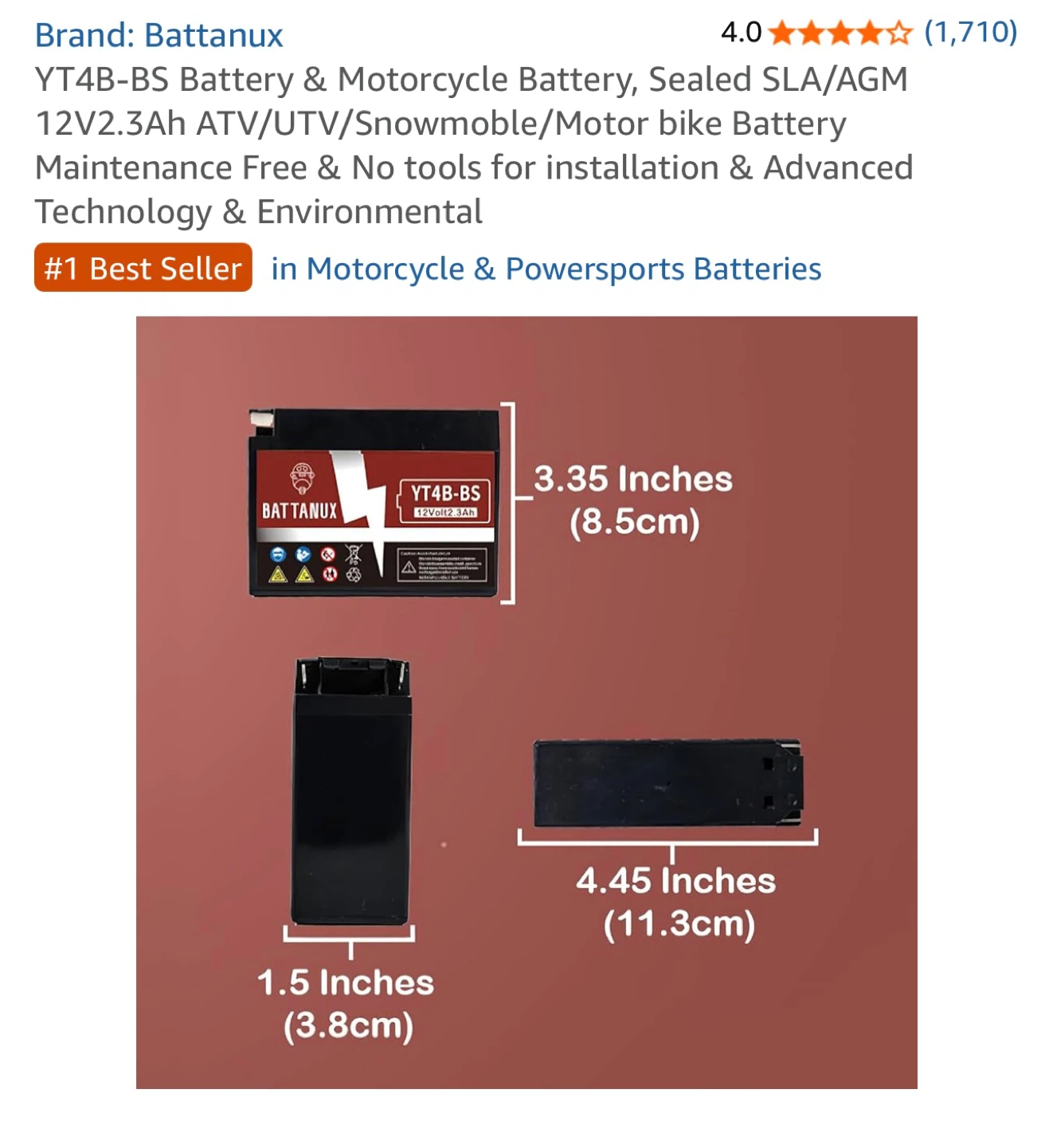 Battanux YT4B-BS 12V 2.3Ah Battery - New - photo 5