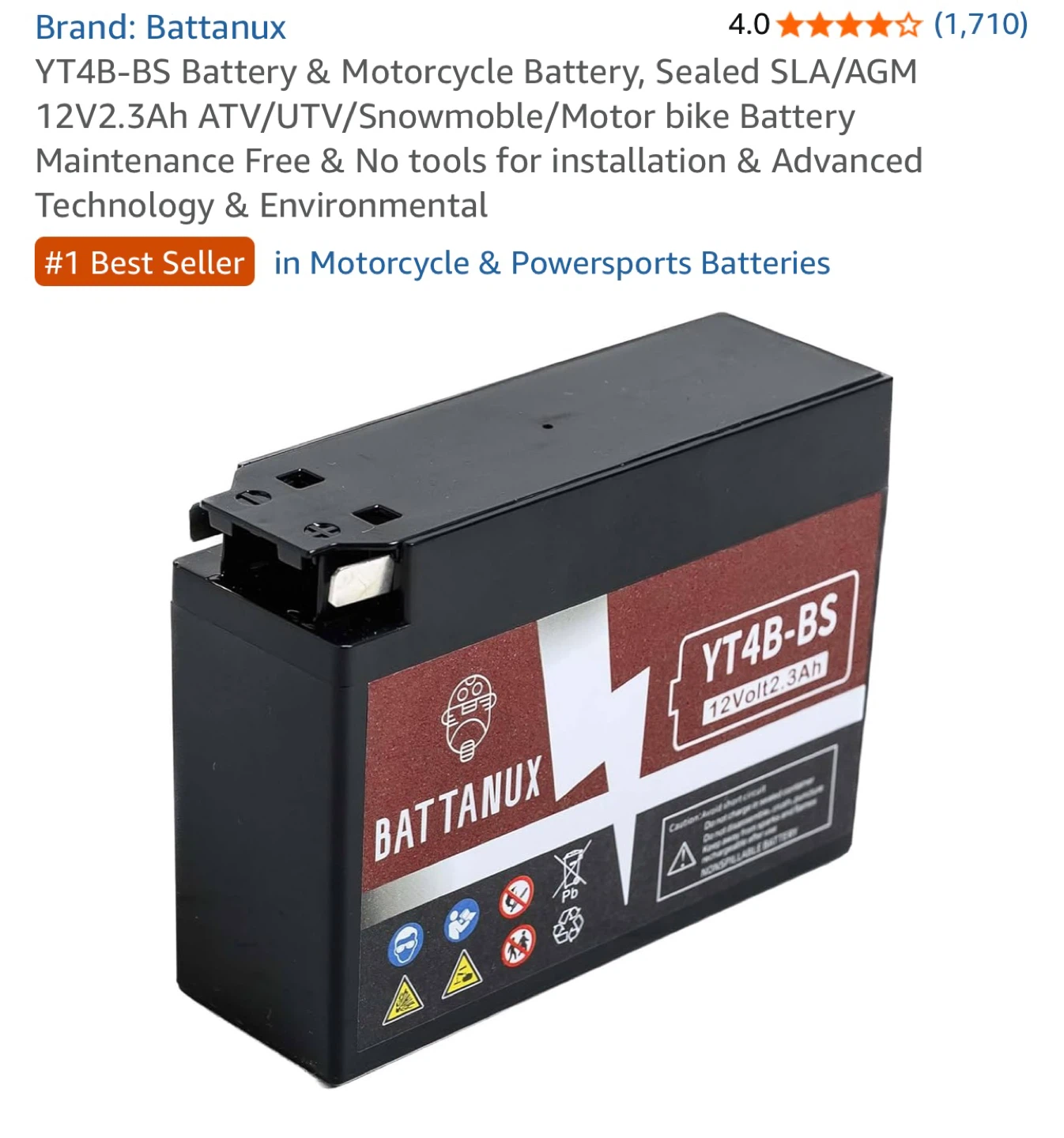 Battanux YT4B-BS 12V 2.3Ah Battery - New - photo 3