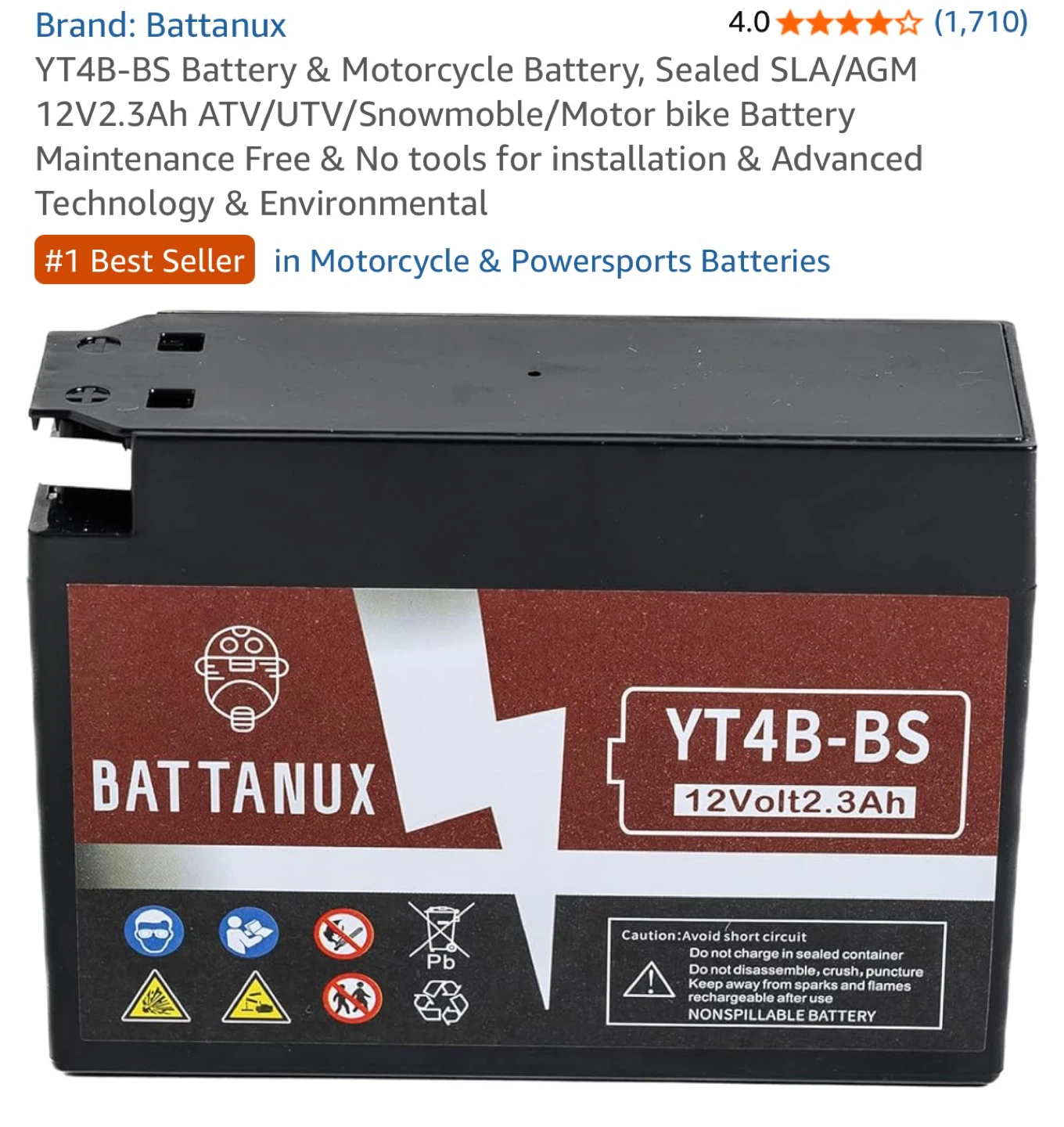 Battanux YT4B-BS 12V 2.3Ah Battery - New