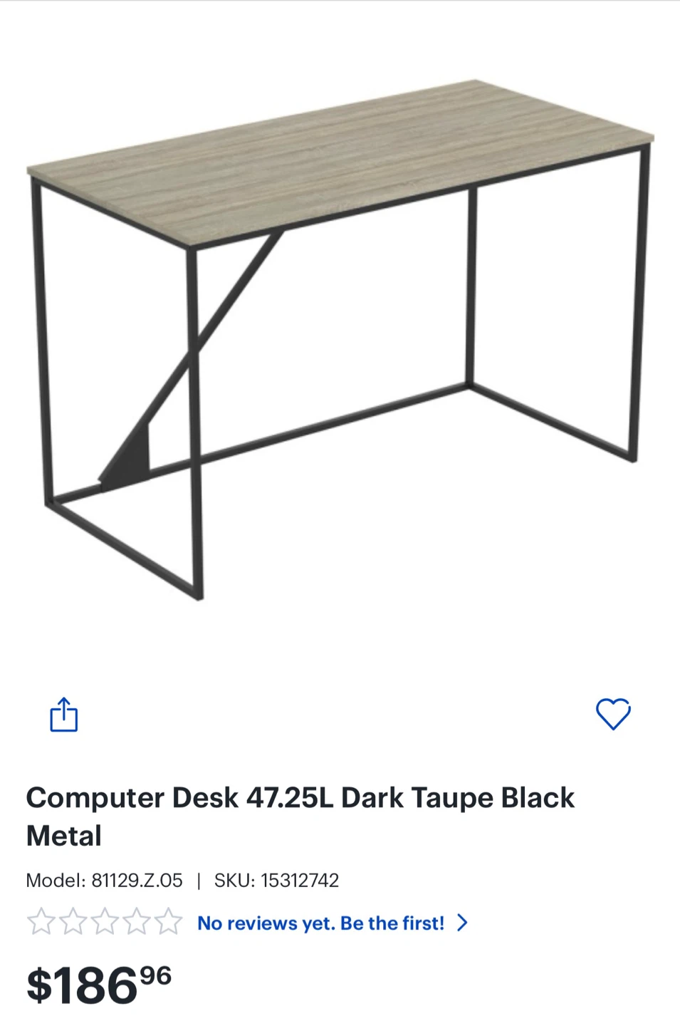 Computer Desk - 47.25L Dark Taupe & Black Metal - photo 2