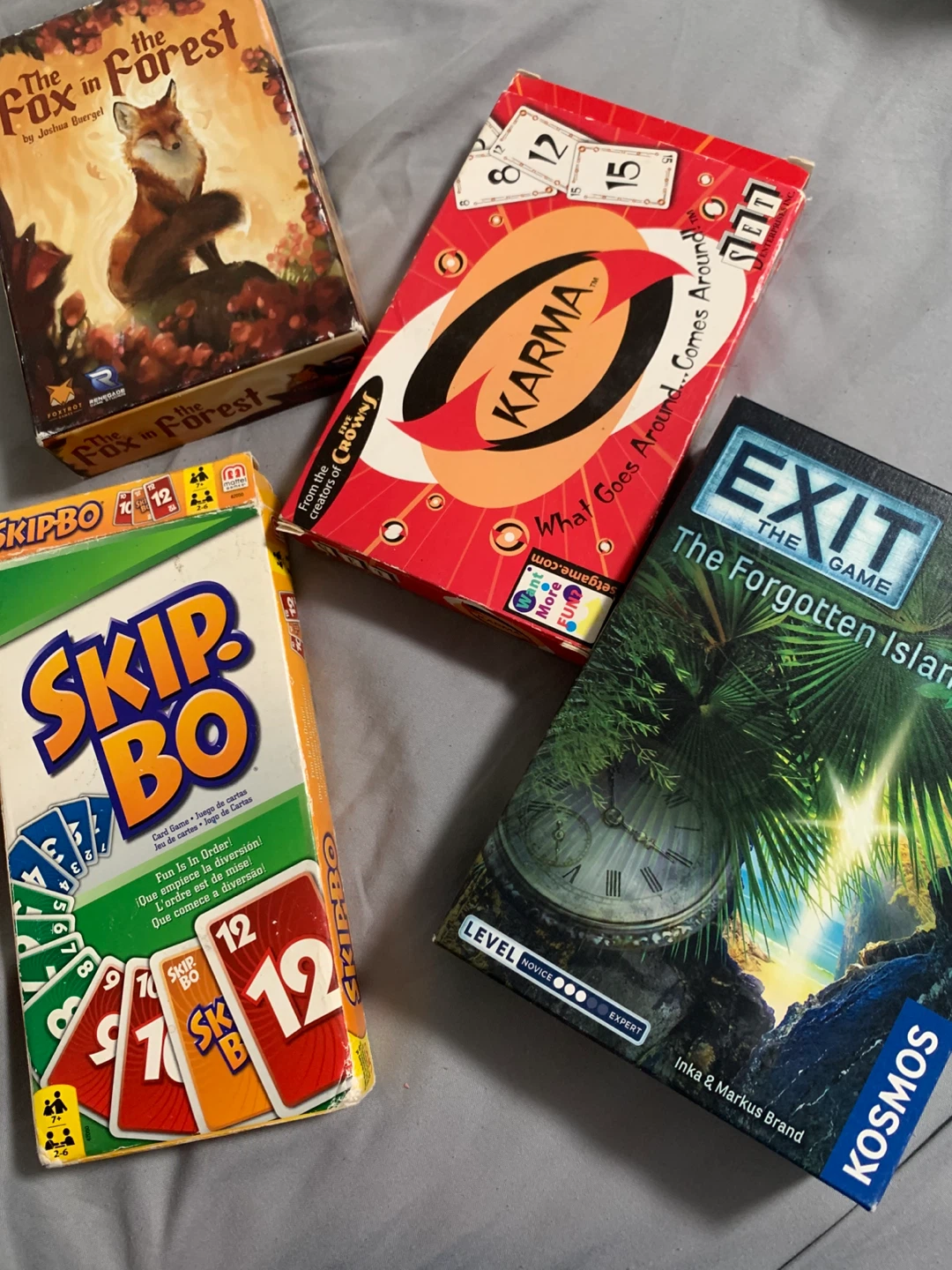 Board Games: Fox in the Forest, Karma, Skip-Bo, Exit Game