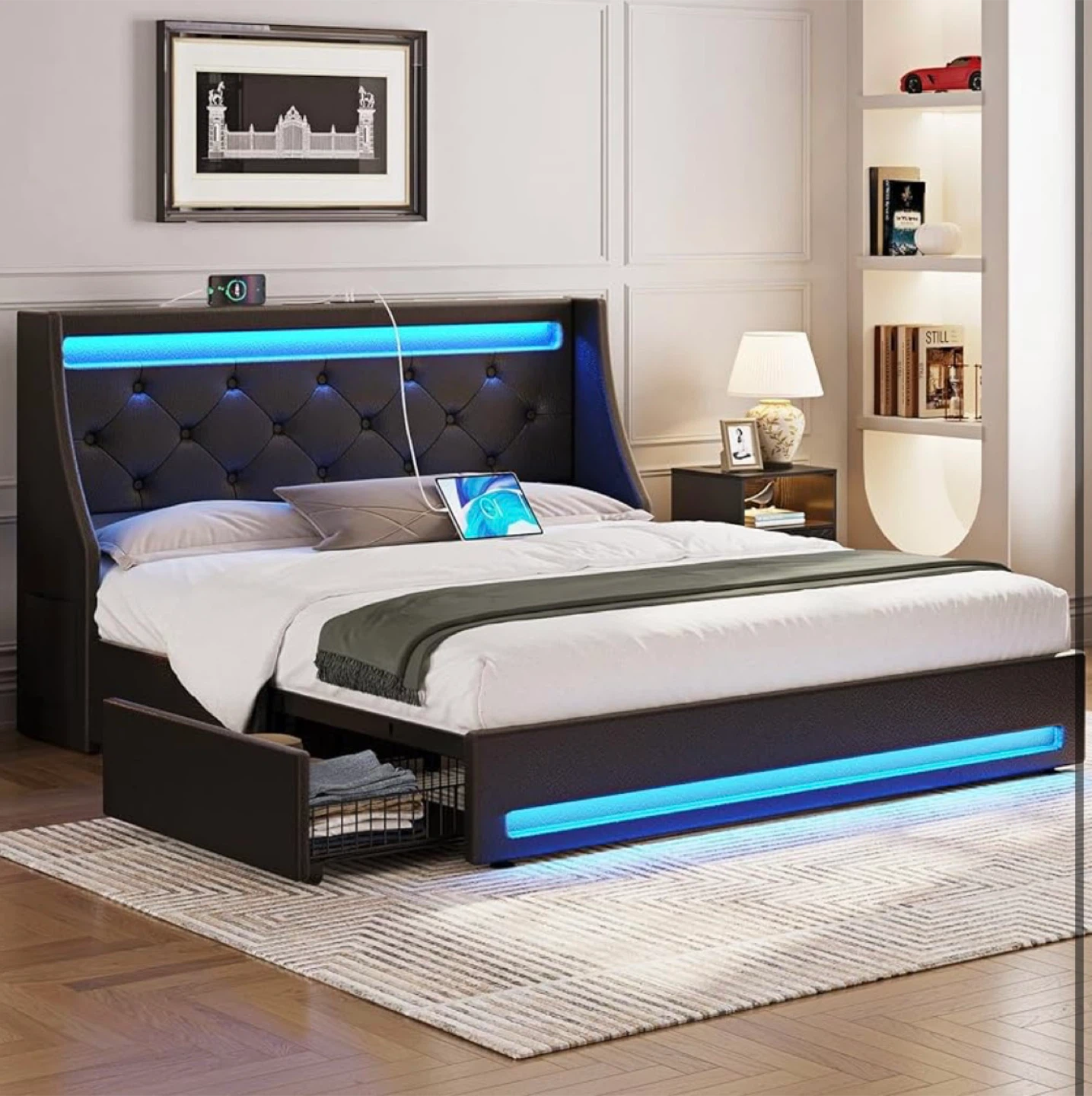 Queen size Bed Frame with LED & USB Ports