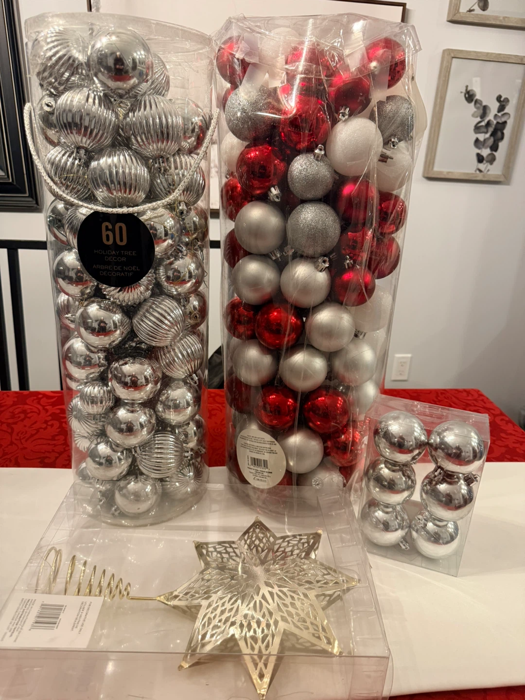 Holiday Tree Decor - Silver & Red Ornaments + Tree Topper