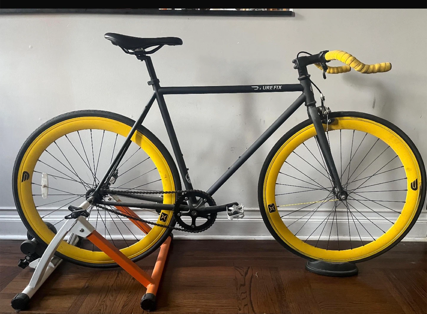 Pure Fix Black Bike Yellow Wheels