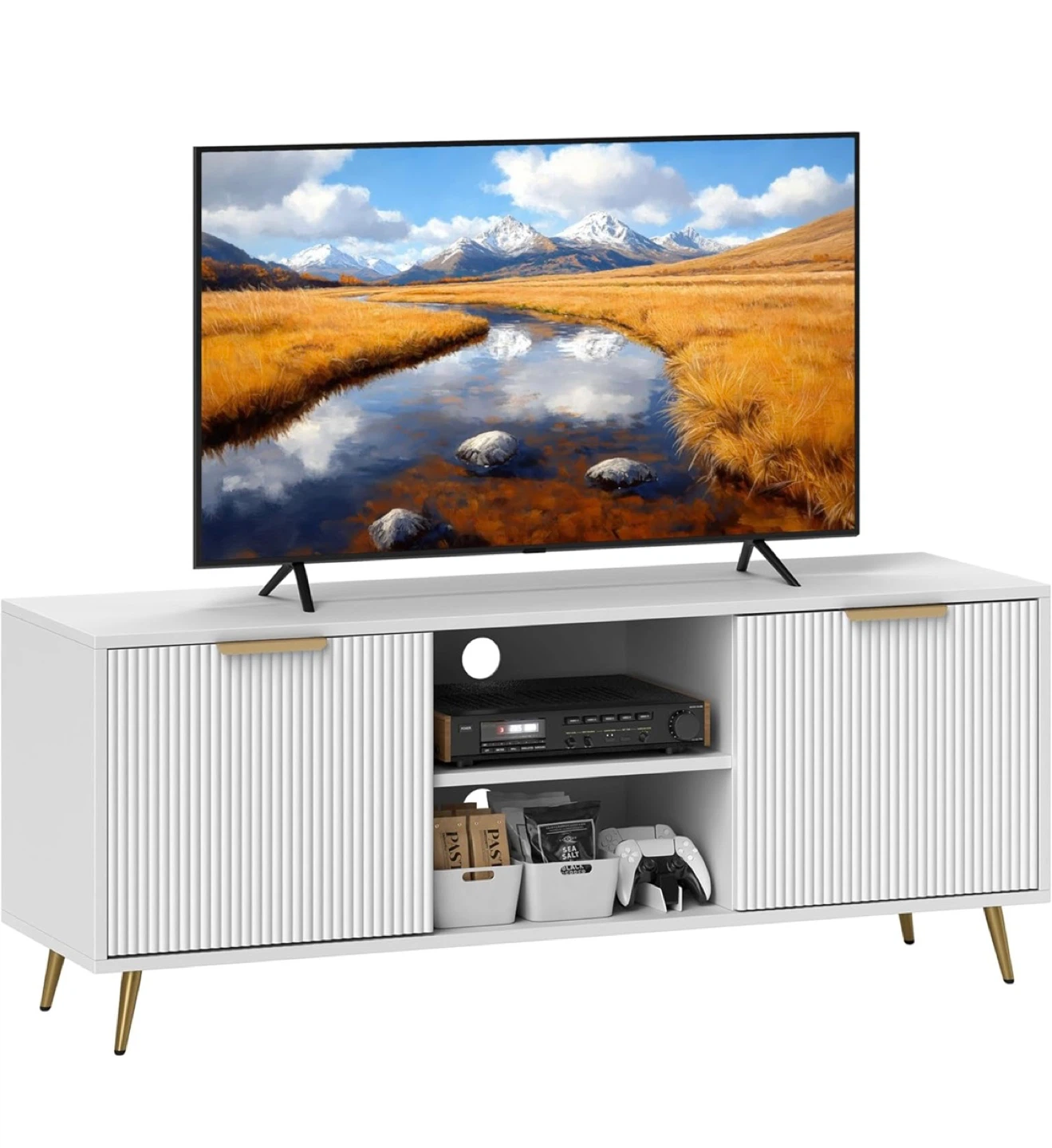 #moving White TV Stand with Doors & Gold Legs - photo 3