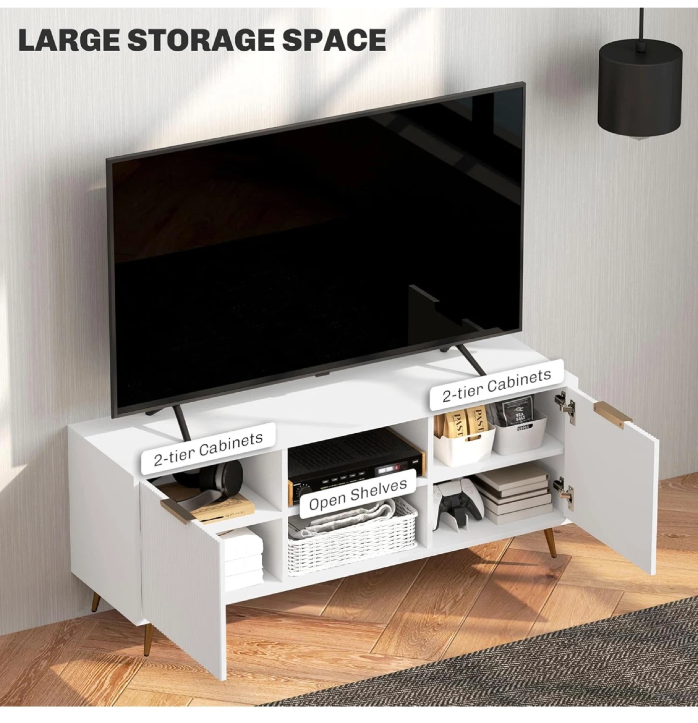 #moving White TV Stand with Doors & Gold Legs - photo 5