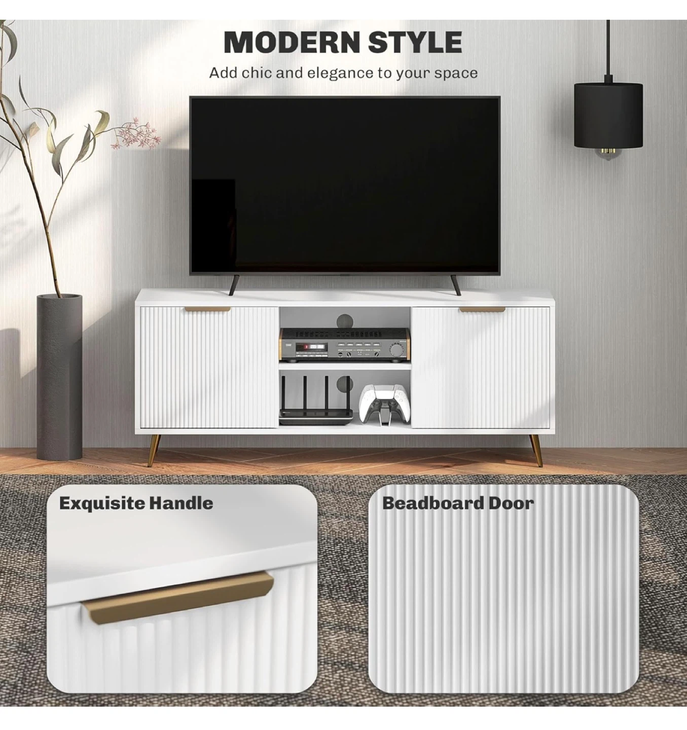 #moving White TV Stand with Doors & Gold Legs - photo 4