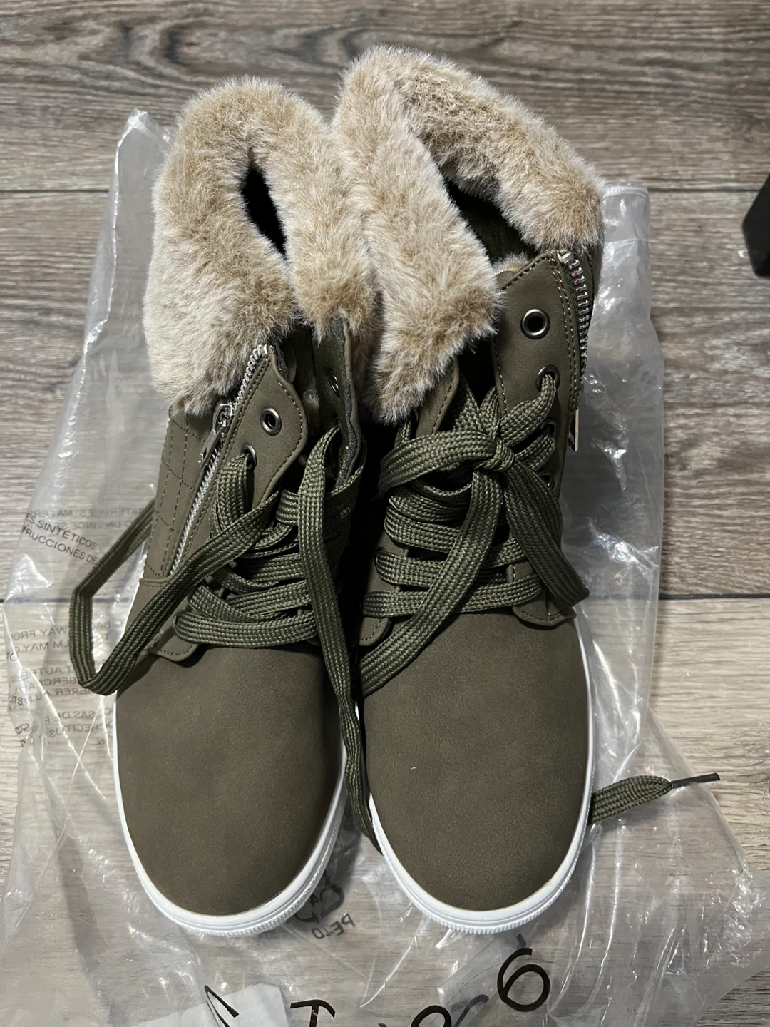 Olive Green Faux Fur Lined Ankle Boots, Size 8