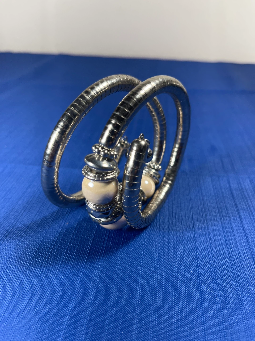 Silver Tone Coil Bracelet with Beads