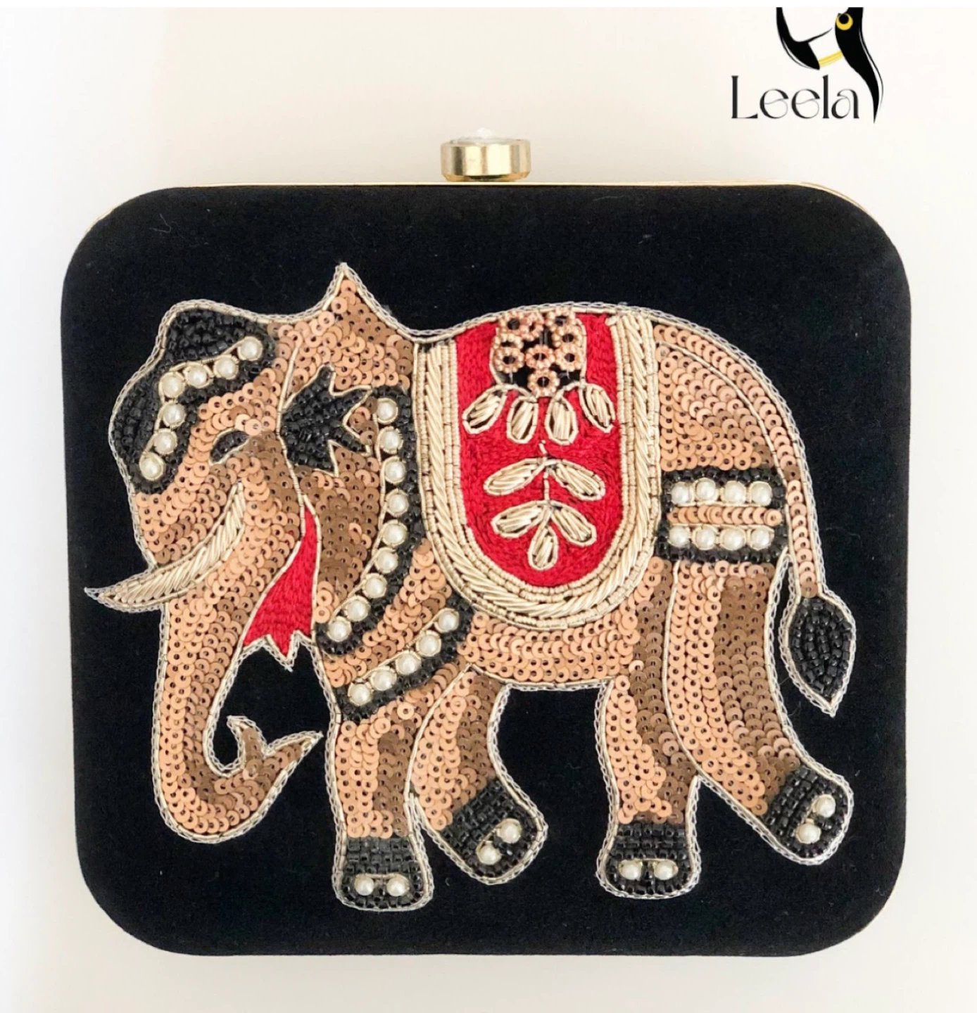 Velvet Black Elephant Embellished Clutch