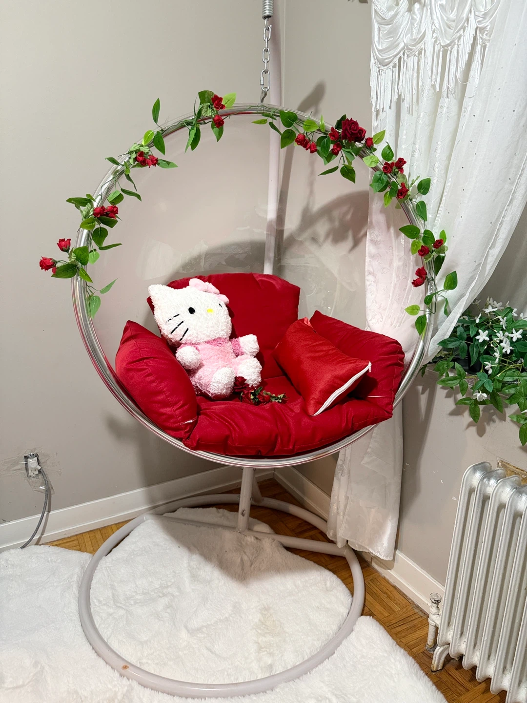 Hanging Bubble Chair with Red Cushion