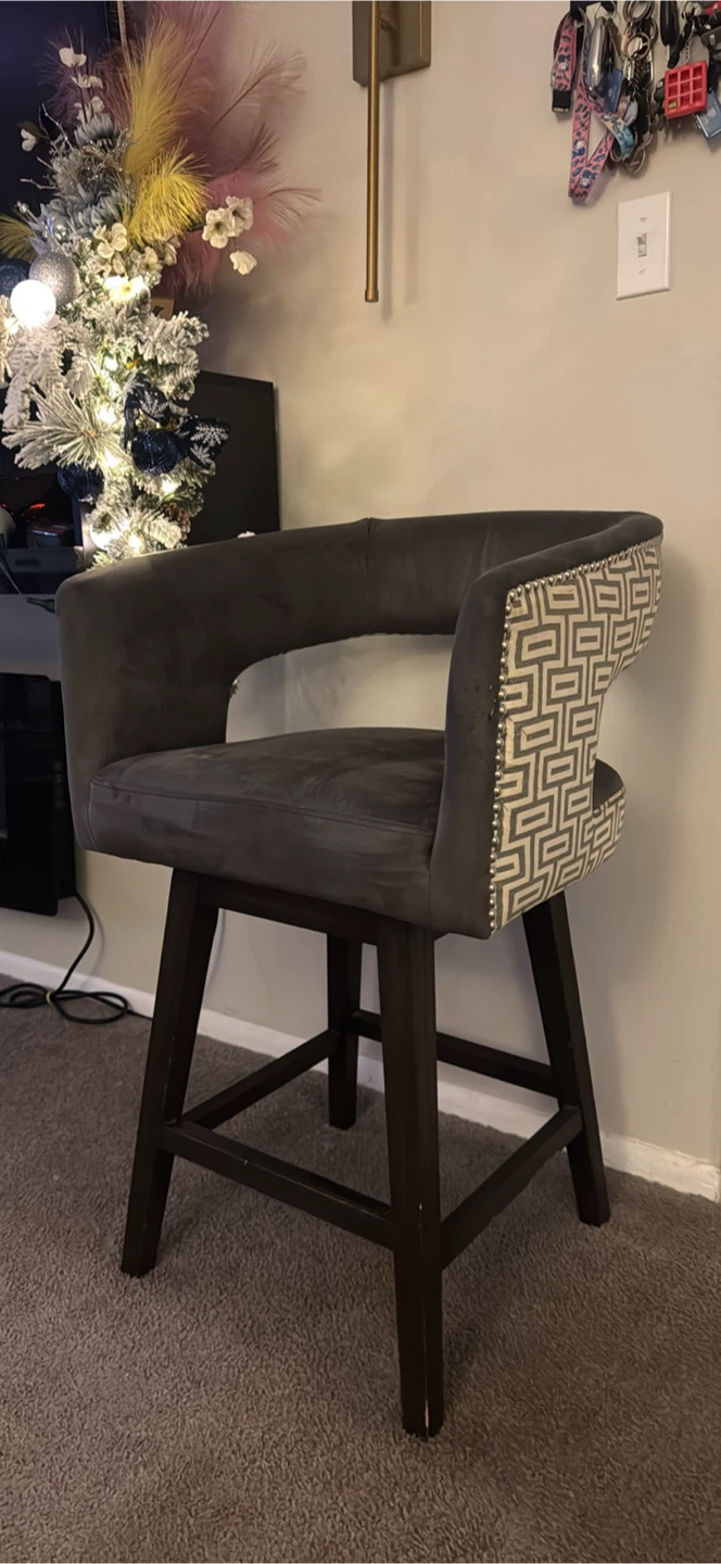 Gray Swivel Bar Stool with Patterned Back