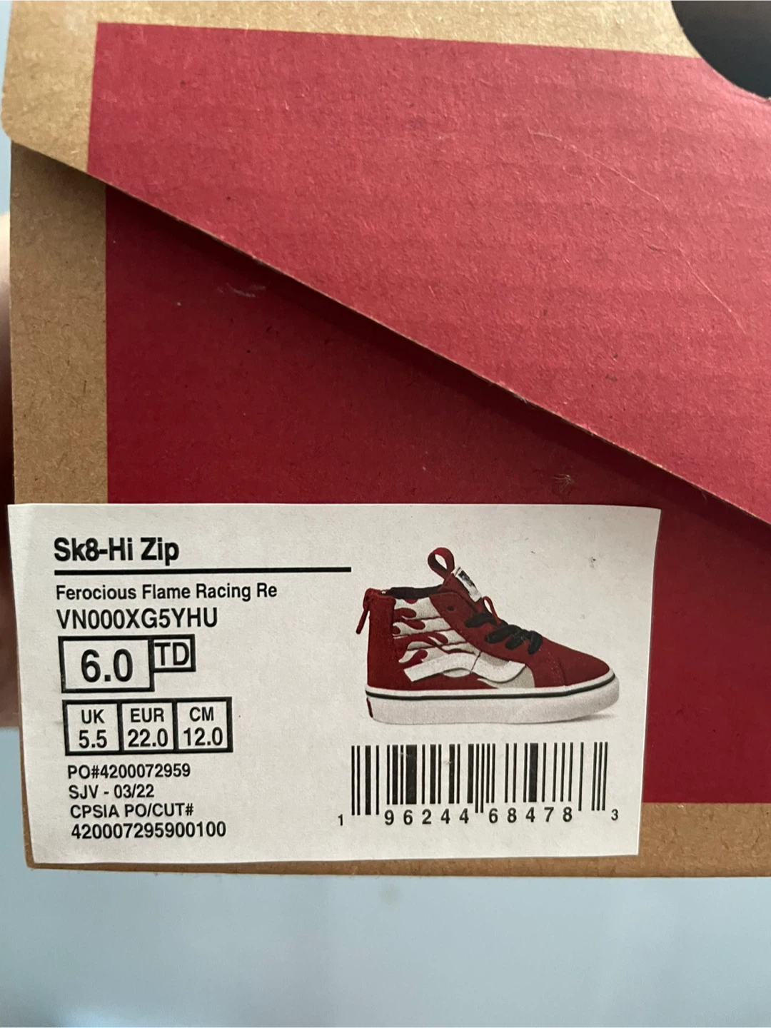 Vans Sk8-Hi Zip Ferocious Flame Racing Red - Size 6 Toddler - photo 3