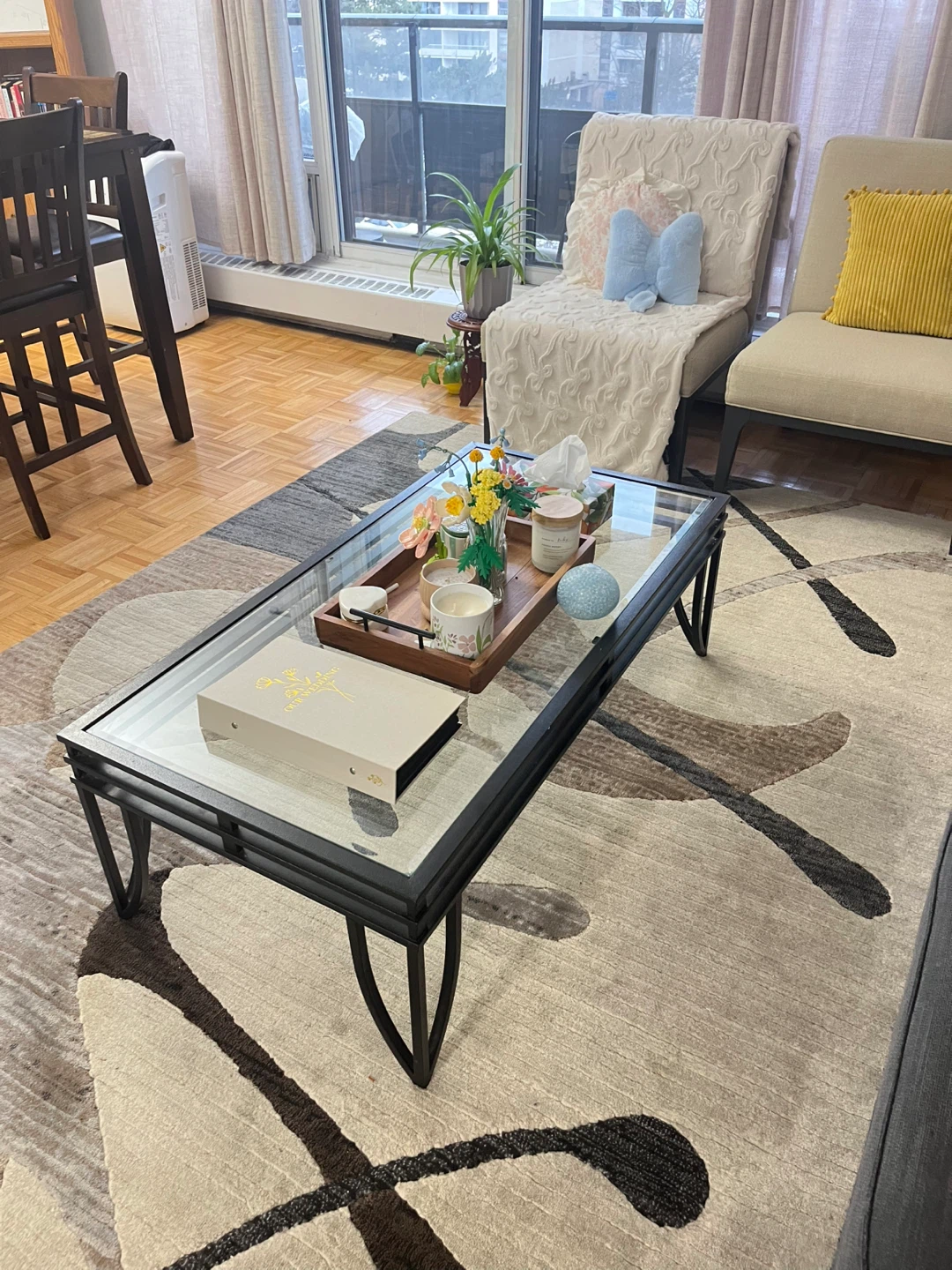 Glass Coffee Table with Black Metal Frame