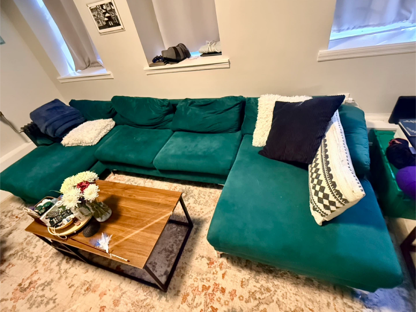 Green Velvet Sofa & Chaise - photo 2