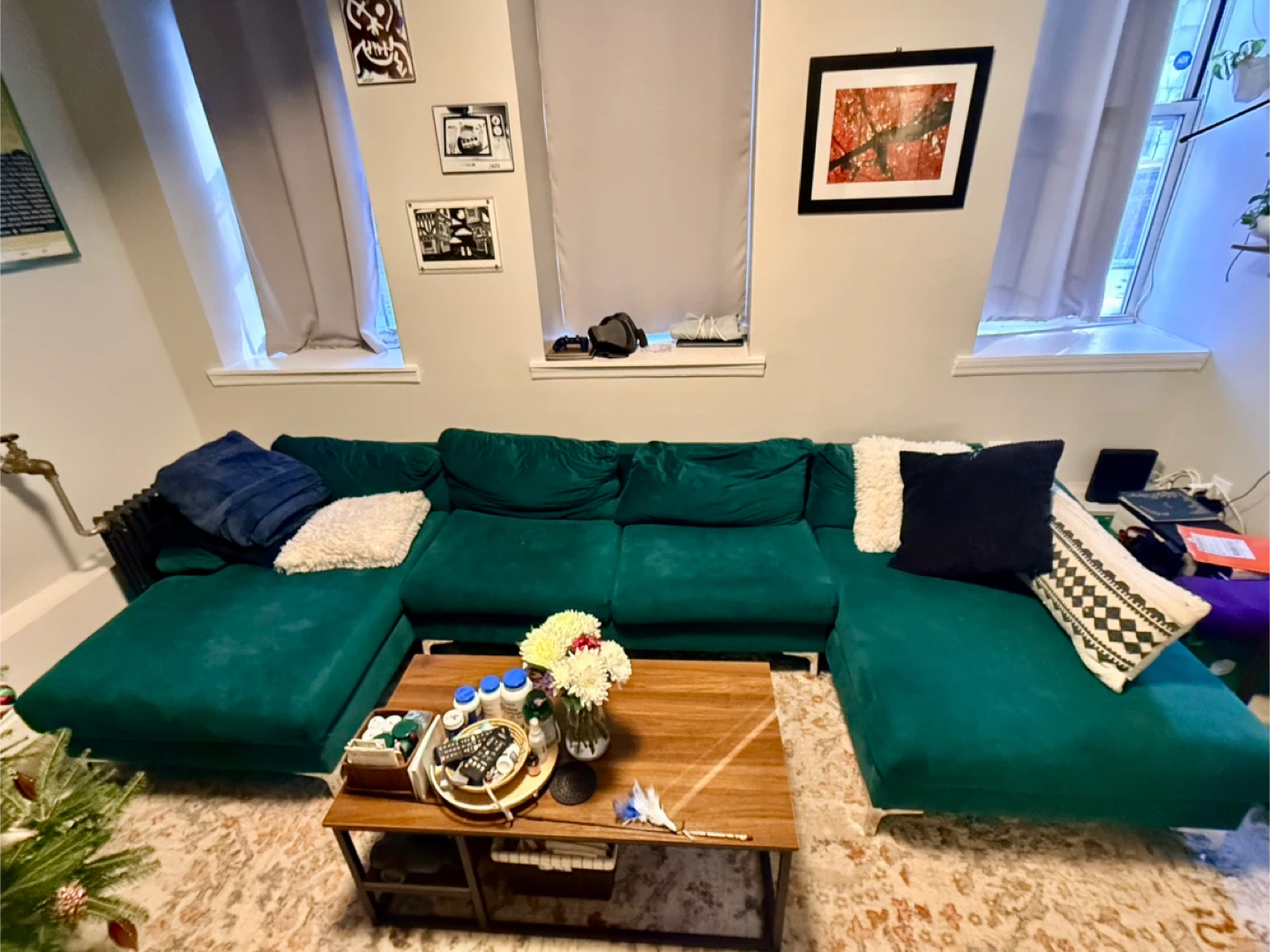 Green Velvet Sofa & Chaise