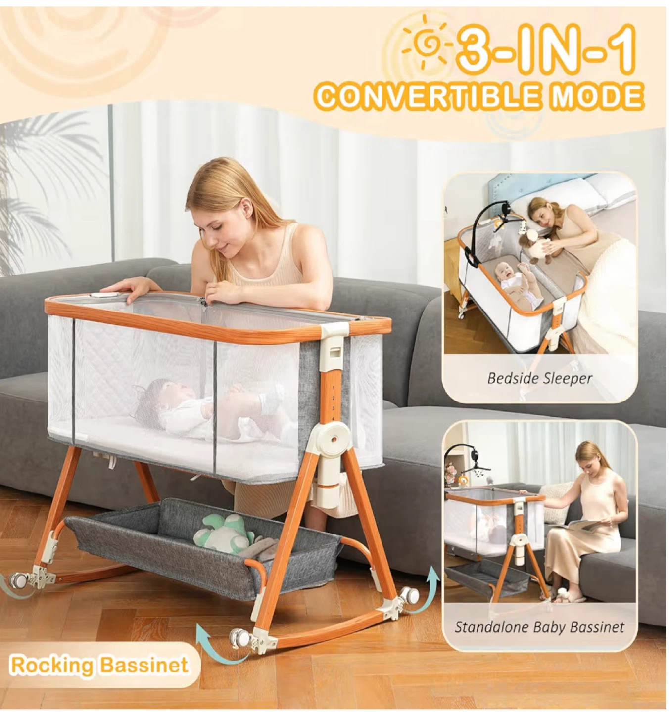Baby Bassinet 3-in-1 Bedside sleeper