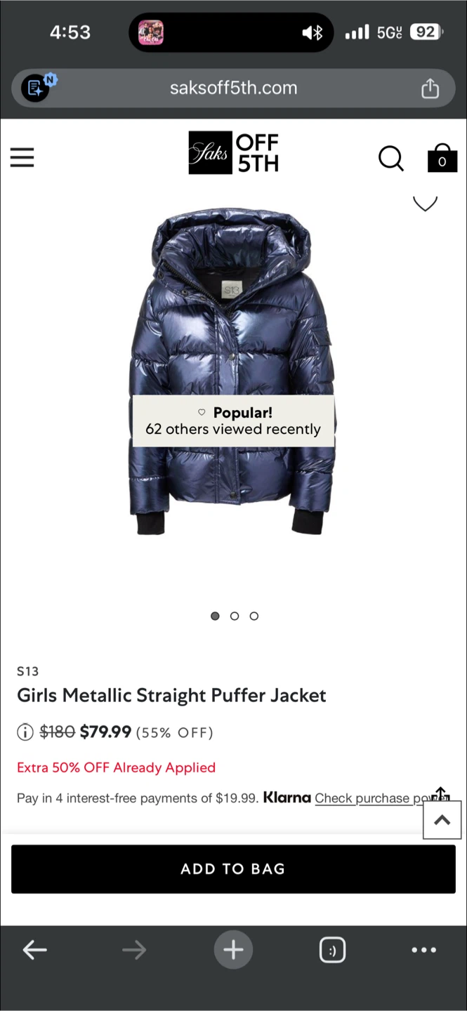 Girls Metallic Straight Puffer Jacket size 8
