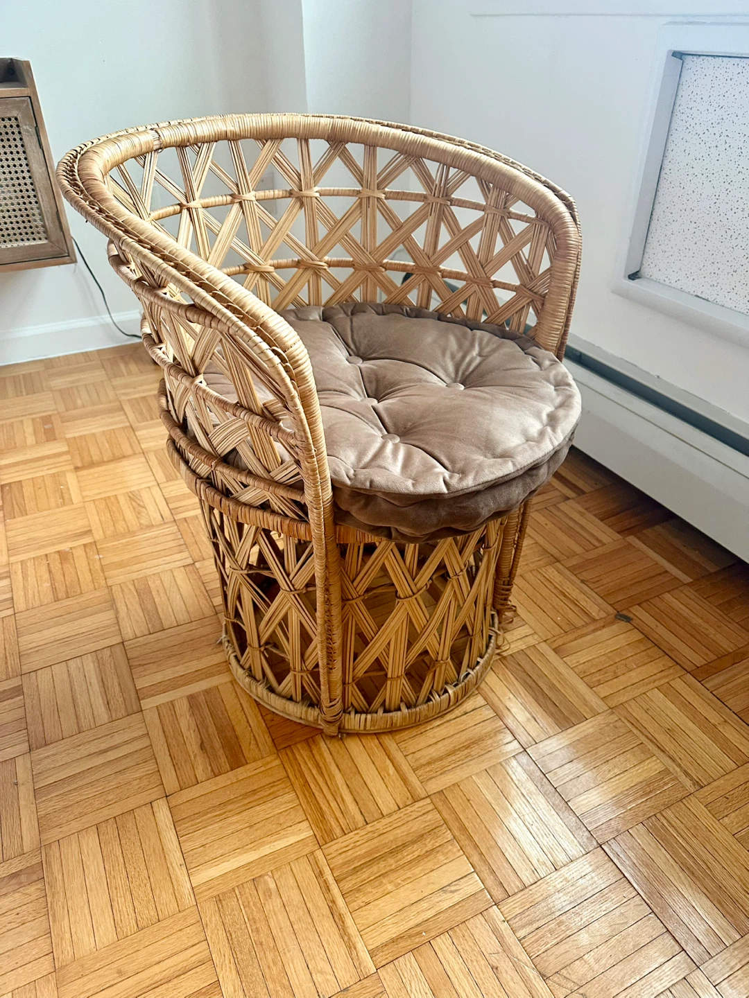 Vintage Wicker /RattanBarrel Chair with Cushion