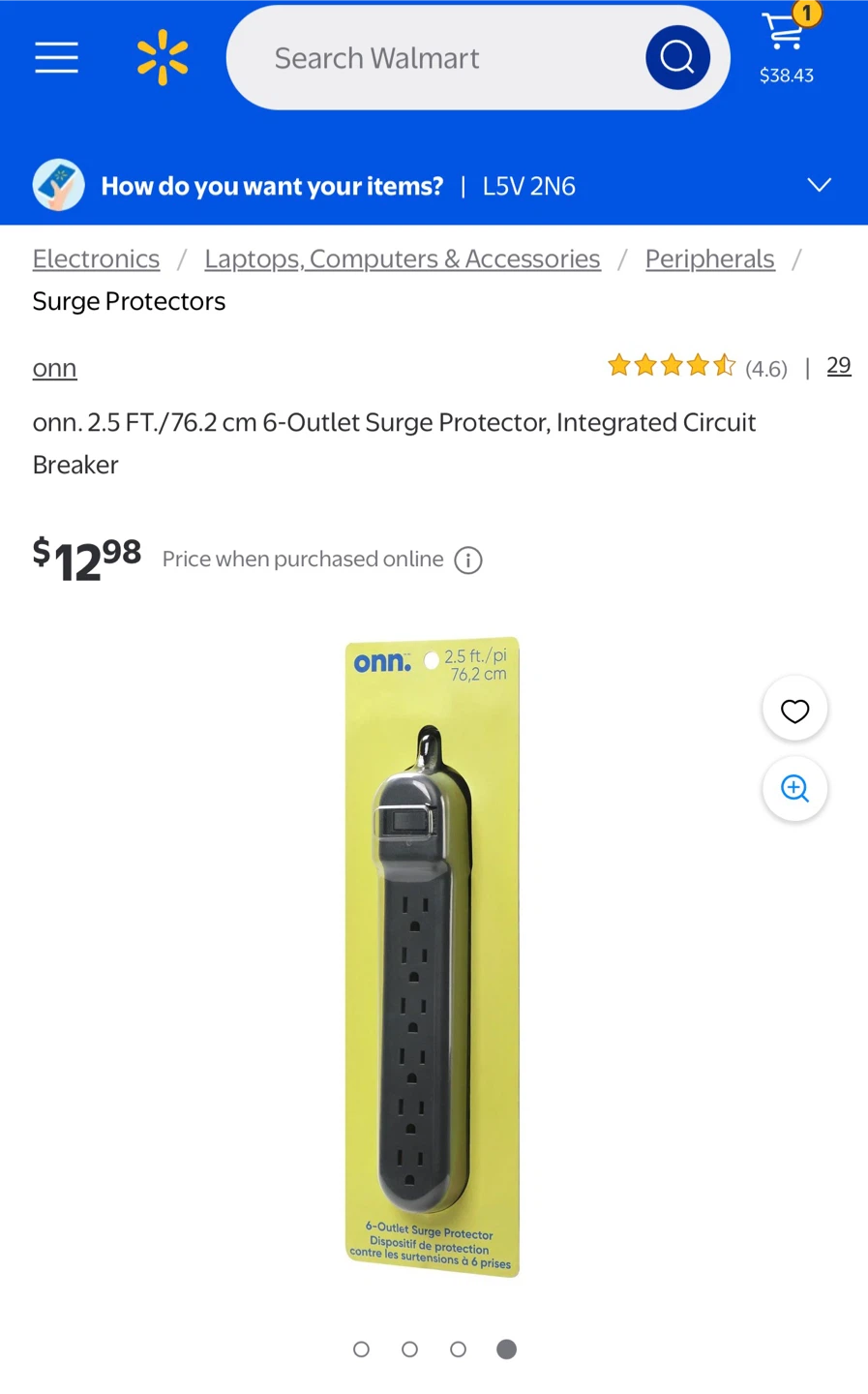 onn. 2.5 FT./76.2 cm 6-Outlet Surge Protector - photo 2