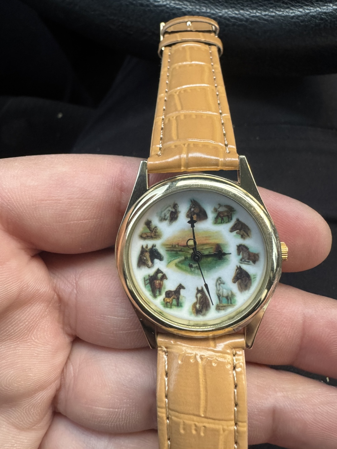 Horse-Themed Watch with Tan Leather Strap