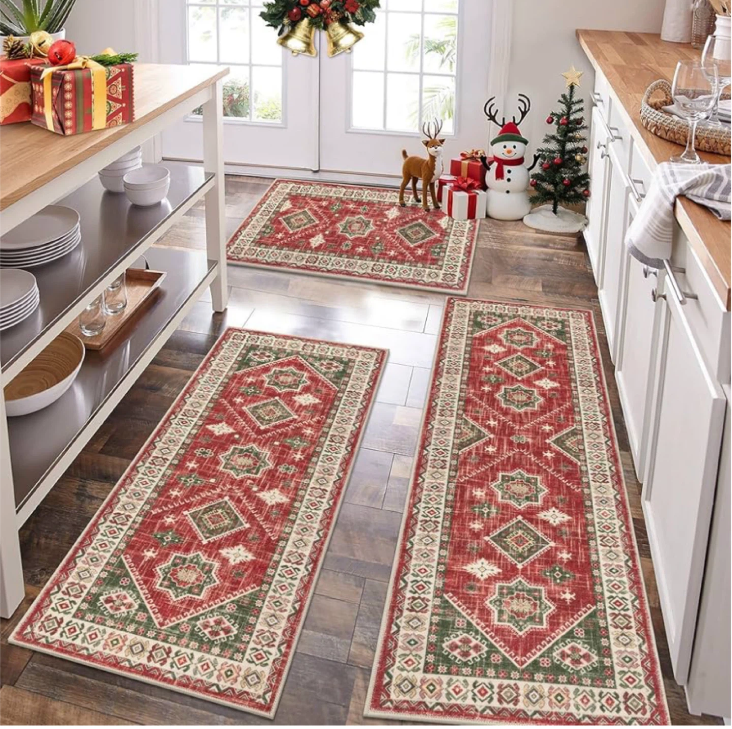 HEBE Kitchen Rug Set - Red/Green - 3 Piece