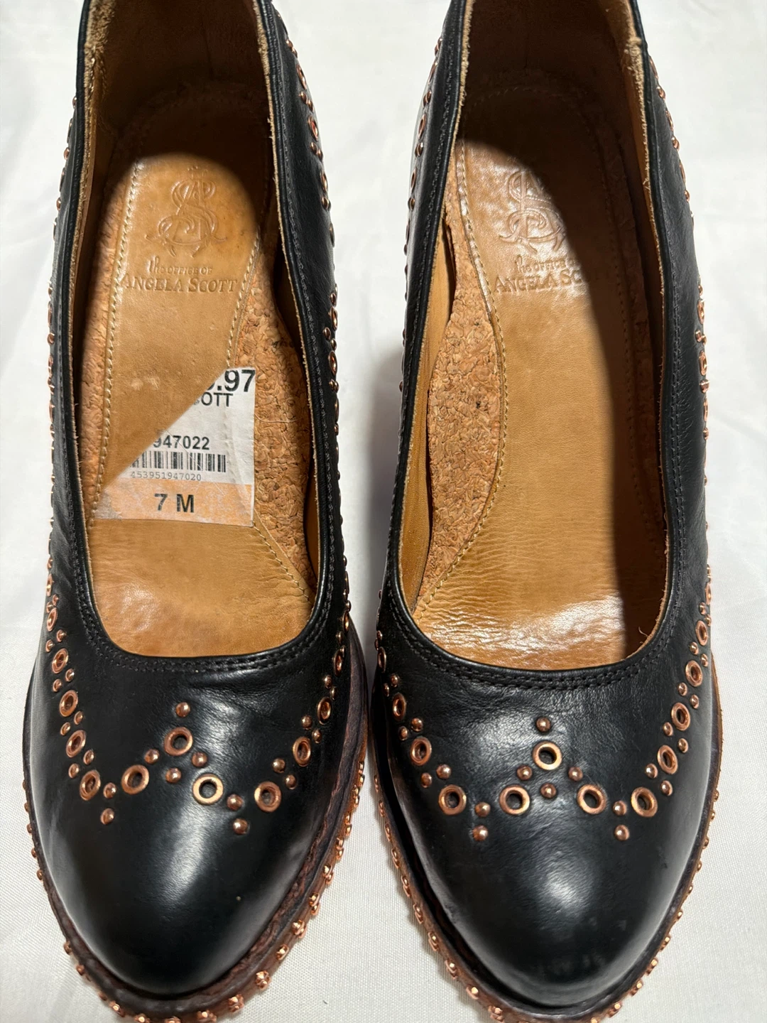Angela Scott Black Leather Heels - Size 7M