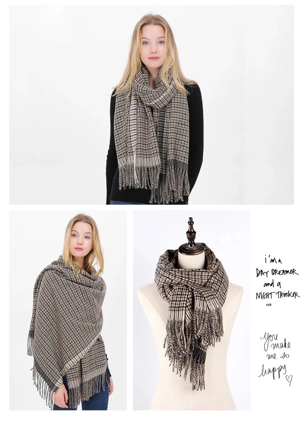 Plaid Scarf/Shawl with Fringe - Brown, Black, & White - photo 2