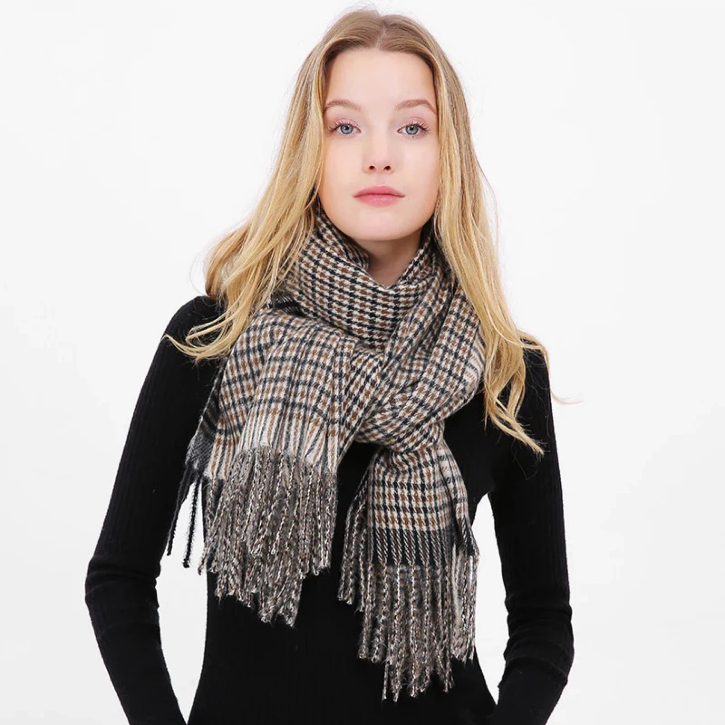 Plaid Scarf/Shawl with Fringe - Brown, Black, & White