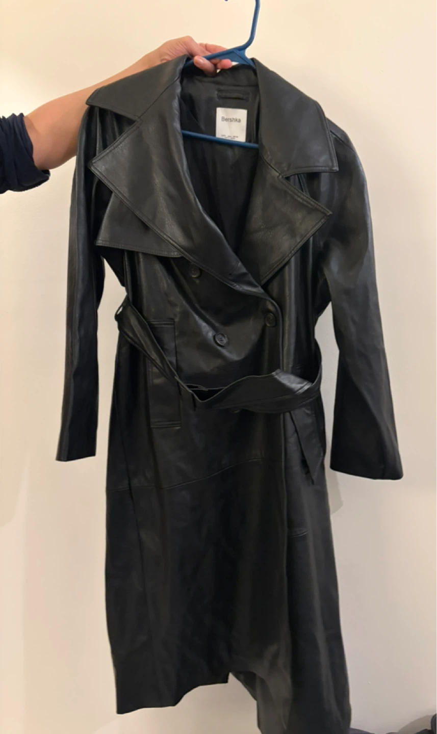 Bershka Black Faux Leather Trench Coat - Size S