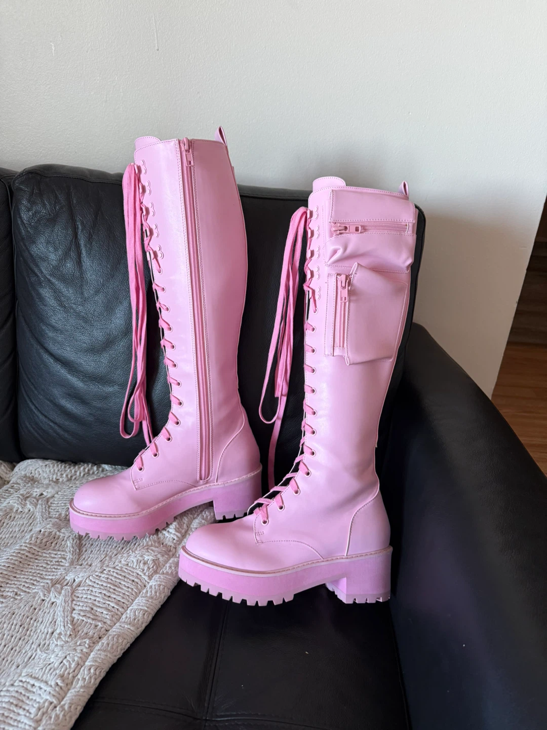 Pink Lace-Up Knee High Boots